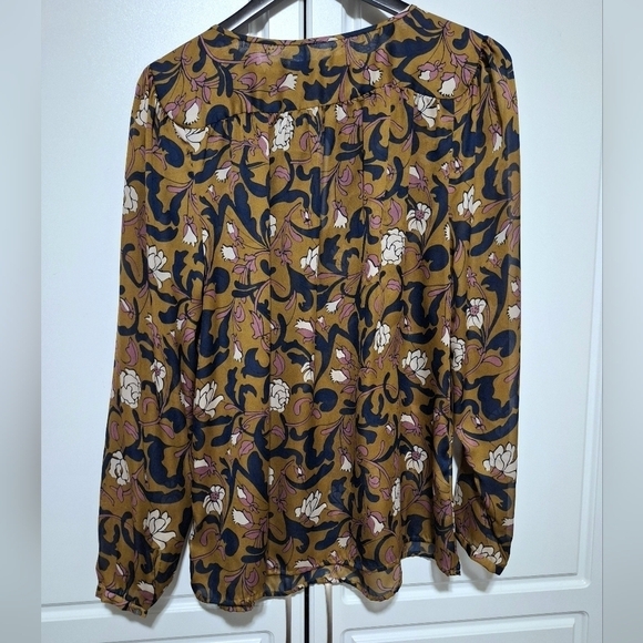 Ann Taylor LOFT Womens Chiffon Floral V-Neck Tie Blouse Longsleeve - Picture 2 of 8